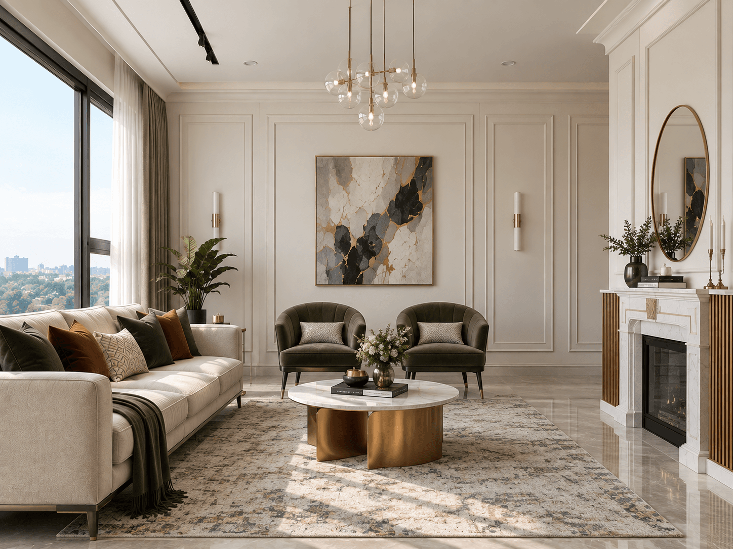 Living room with a marble fireplace and olive velvet armchairs