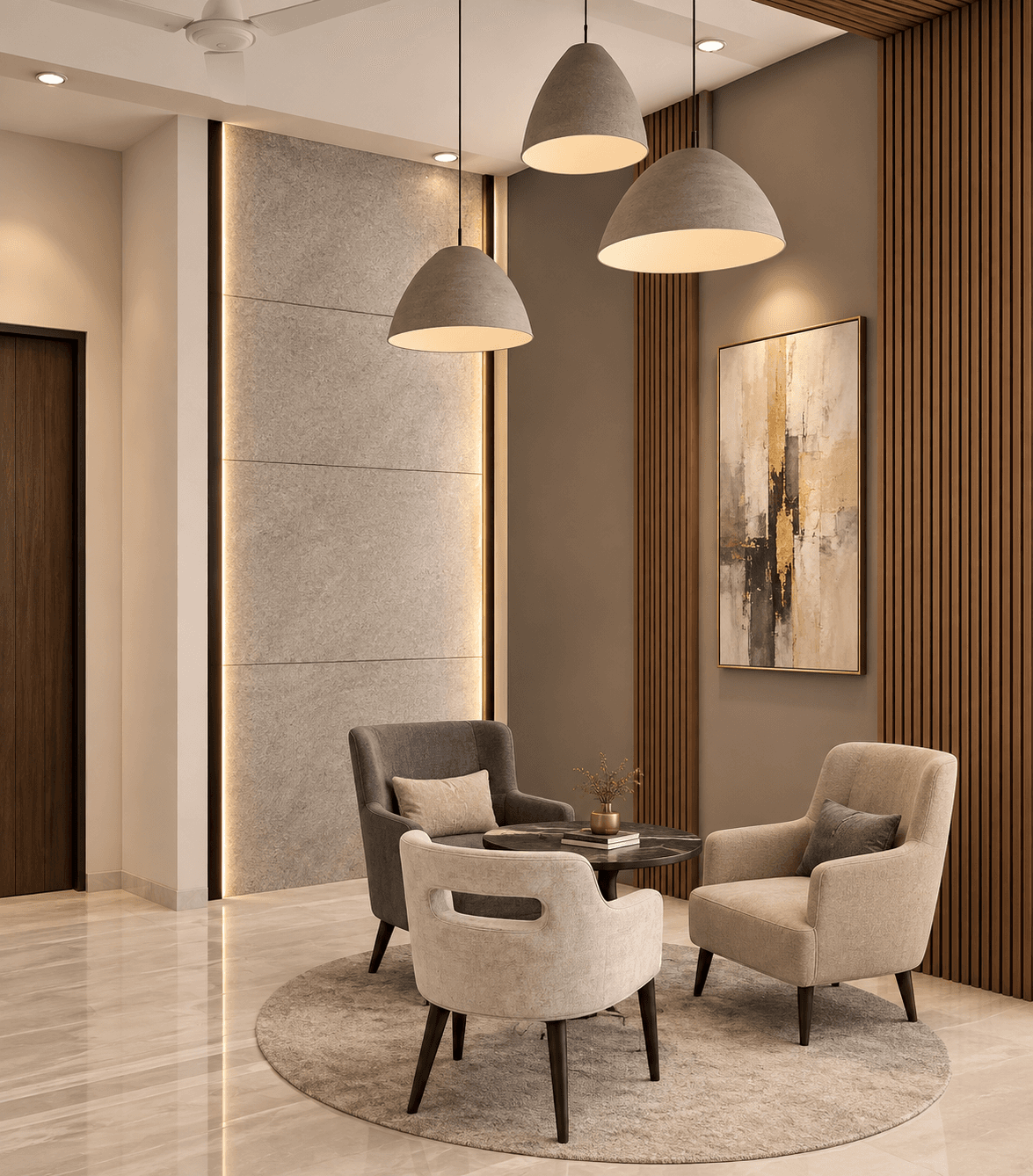 Lobby seating nook with dome pendant lights and a textured stone feature wall
