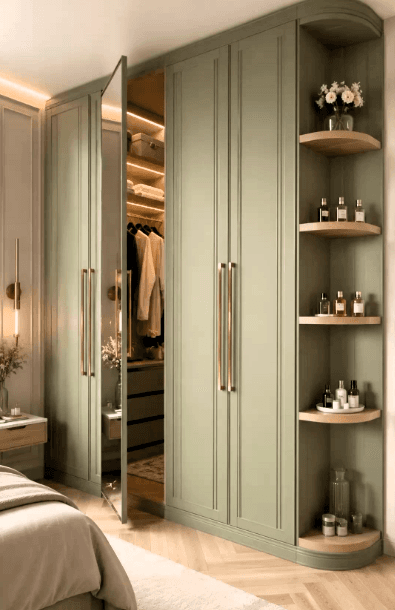 Sage green walk-in wardrobe with a mirrored door and open display shelving