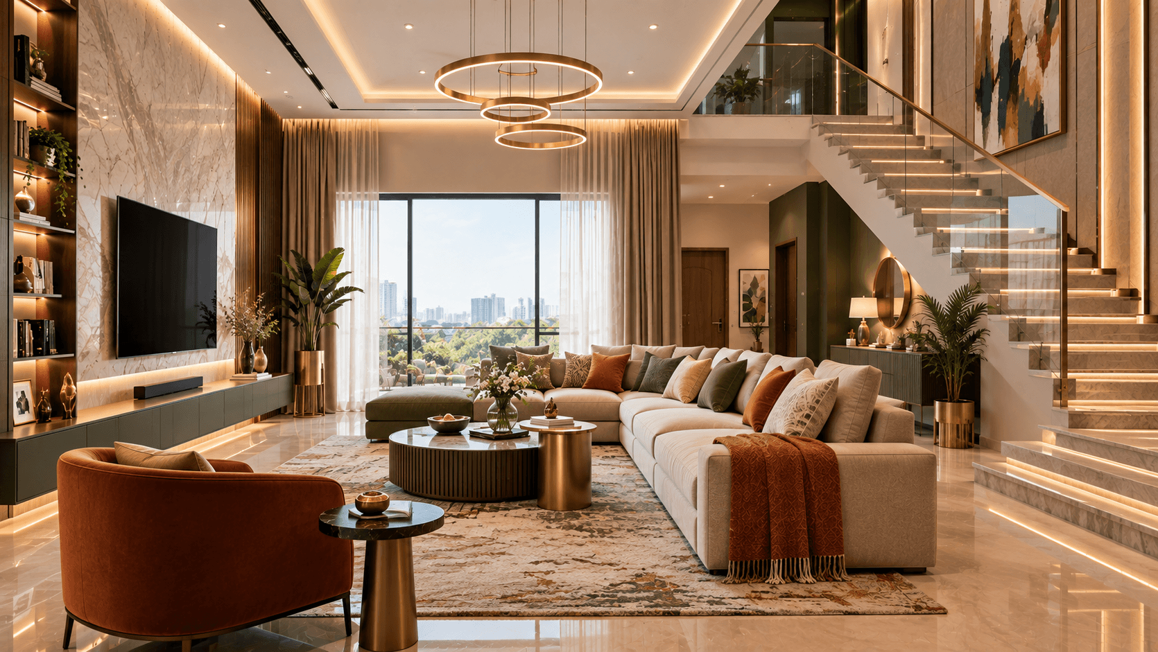 D'Stella double-height living room with a sectional sofa, ring chandelier and floating staircase