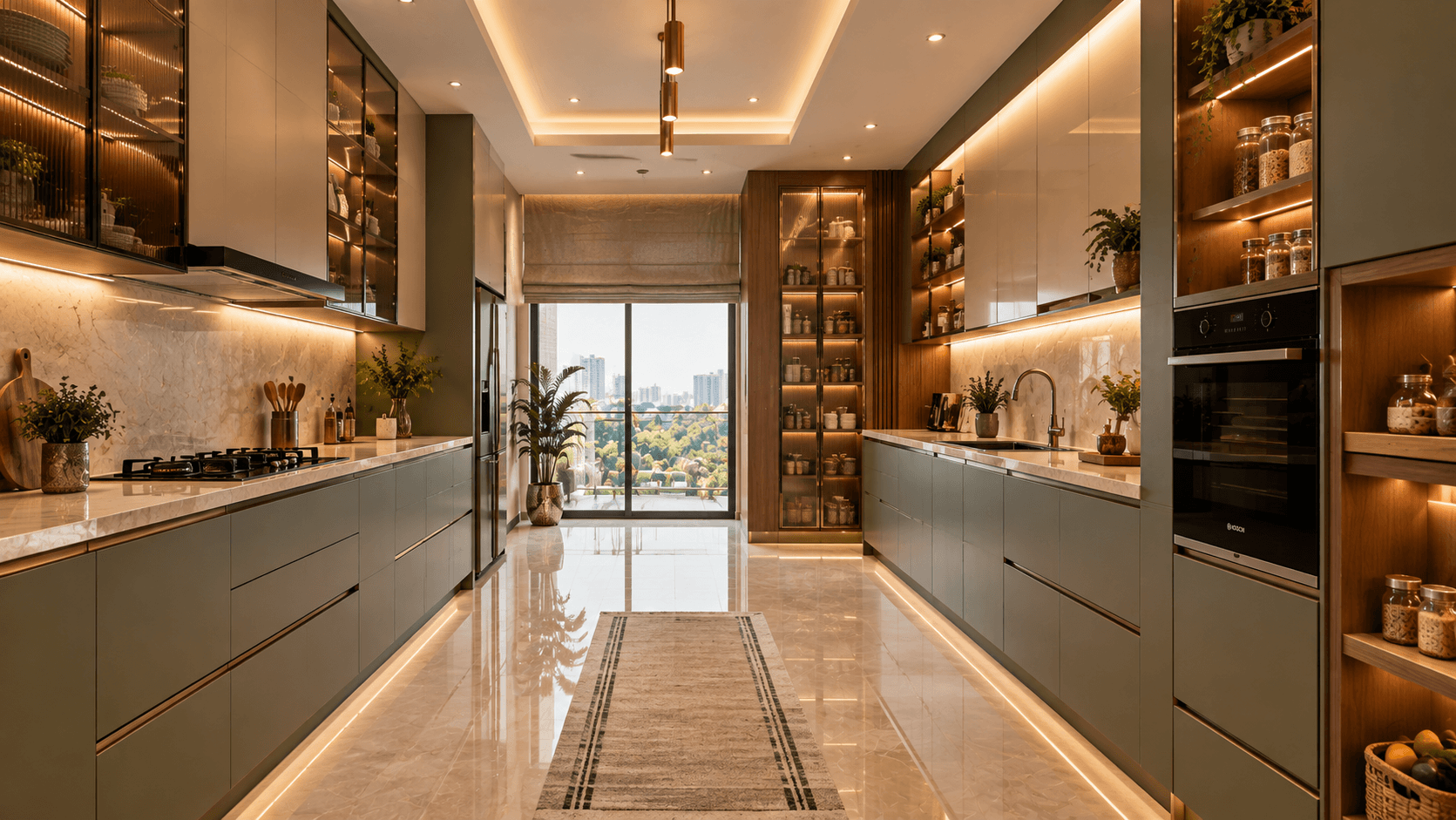Parallel modular kitchen with olive cabinetry and a marble backsplash